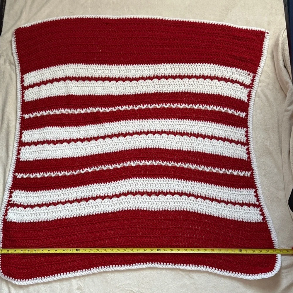 Red and White Striped Pattern Crochet Throw